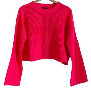 New Wild Fable Womens Large Neon Pink Cropped Flare Sleeve Sweater Ribbed Bright